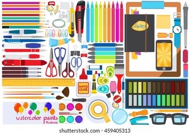 Office stationery set of vector graphic. Pencils, pens, markers, paints, scissors.