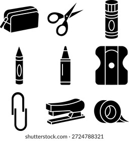 Papelería de oficina e iconos de suministros en estilo negro sólido.