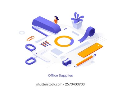 Office Stationery Supplies isometric conceptual template. Woman fastening report with stapler. Employee working with documents. Different accessories for paperwork webpage design vector illustration