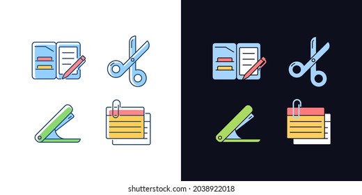 Office stationery supplies light and dark theme RGB color icons set. Portfolio folder. Stapling device. Isolated vector illustrations on white and black space. Simple filled line drawings pack