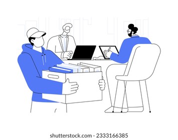 Office stationery supply abstract concept vector illustration. Smiling courier brought the parcels to the office, corporate business, stationery tools, postal service abstract metaphor.
