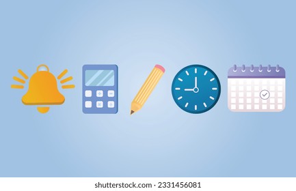 Office stationery tools set icon. School education concept. Business work object. Bell, calculator, pencil, clock and calendar.on blue background.Vector Design Illustration.