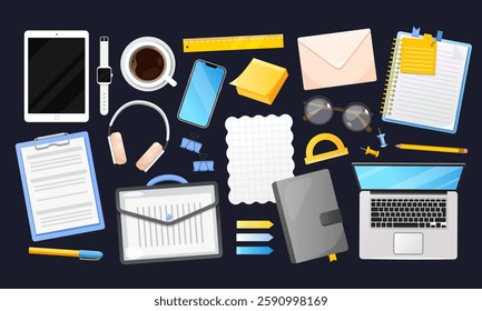 Office stationery vector cartoon set isolated on white background. Office or school stationery tools supplies.