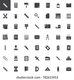 Office stationery vector icons set, modern solid symbol collection, filled style pictogram pack. Signs, logo illustration. Set includes icons as pencil, calculator, calendar, notebook, sharpener