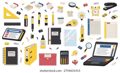 Office stationery vector set. Collection of stationery, gadgets, and tools for the workplace, business, and education. Elemnts on white background.
