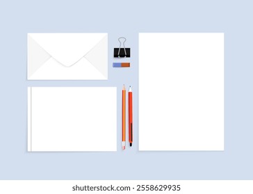 Office stationery vector set mock up on a blue background. Pencils, pens, folder, scissors, envelope.