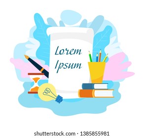 Office Stationery Web Banner Flat Vector Template. Knowledge, Wisdom Poster Layout. Light Bulb Brainstorming Metaphor Illustration. Cartoon Books, Notes, Textbooks Stack. Scroll with Lettering