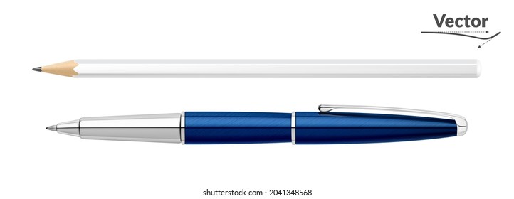 Office stationery. Yellow pencil and blue pen set. Templates for applying logos. 3D style. Realistic. Isolated on a white background. 
