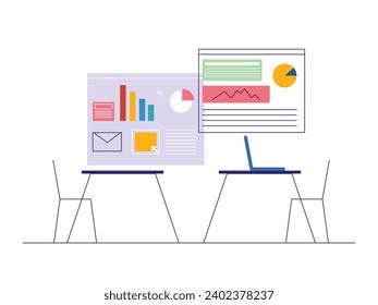 Datos de análisis estadístico de la oficina, sala de reuniones para discutir los ingresos de la empresa. Diseño de caracteres. Ilustración plana del vector