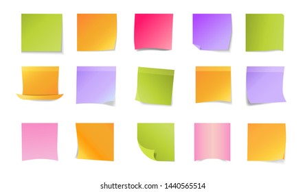 Office stickers set. Colorful blank sticky notes. Papers of different colors with curled corners. Office concept. Vector illustration can be used for messages or notice board templates