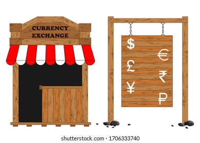 Office, store, point and trading shop for the exchange of currencies in the old style. Old wooden building, construction. Bulletin board with face values of currencies of different countries. Vector