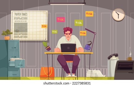Office stress cartoon concept with unhappy overworked man vector illustration