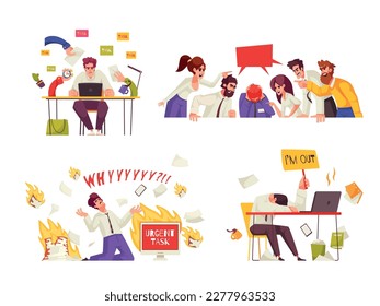 Office stress compositions set with burned out employeed isolated vector illustration