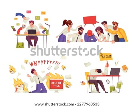 Office stress compositions set with burned out employeed isolated vector illustration