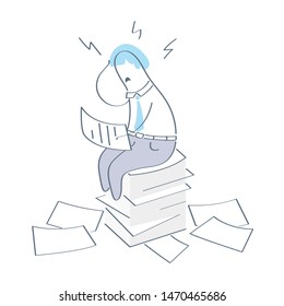 Office stress, overwork, overload with paper work, report or education concept. Cute shocked cartoon character sitting on the pile with paper docs. Flat outline trendy design vector ui icon on white.