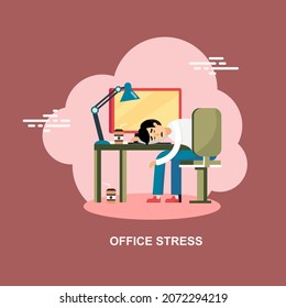 office stress with young man tired and sleeping in office desk flat concept design