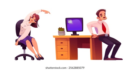 Office stretch workout set - business colleagues performing desk based fitness movements. Cartoon characters doing stretching exercises near workstation with computer monitor, wooden furniture.