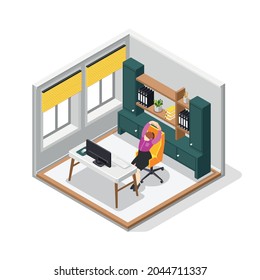 Office Stretches 3d Composition With Female Person Stretching Body Sitting In Chair At Her Desk Vector Illustration