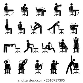 Office stretches and exercises with computer chair icons