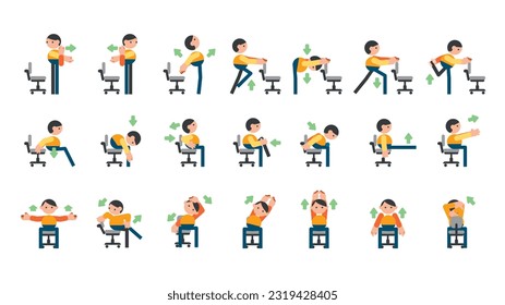 Office Stretches and exercises for the office, office yoga for tired employees with chairs.