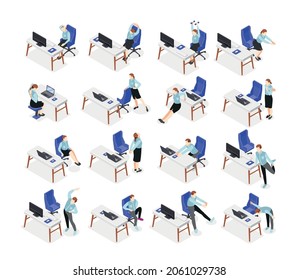 Office stretches isometric icons with employees doing exercises sitting and standing at their workplace isolated vector illustration