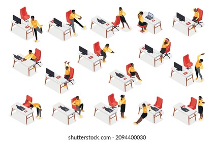 Office stretches isometric set of people doing body workout at workplace during work pause isolated vector illustration