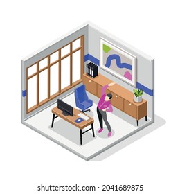 Office stretches isometric vector illustration with male character doing body workout for healthy back in workspace