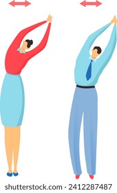 Office stretching exercise with young man and woman. Colleagues doing side bends, fitness in workplace concept. Office workout routine vector illustration.