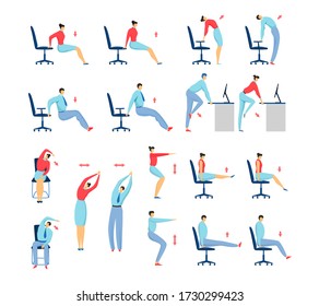 Office stretching exercises people set of isolated vector illustration, business man and woman on chair workout and fitness. People doing chair yoga exercises working in office, healthy body lifestyle