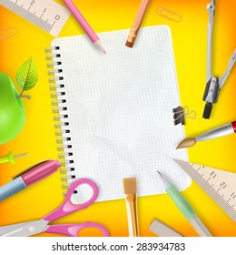 Office and student gear over orange background - Back to school concept. EPS 10 vector file included