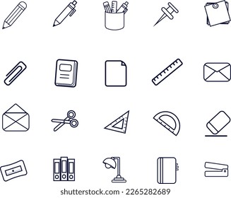 The office and student stationery line icon set is a collection of 20 minimalist icons, with the flexibility of changing colors. Ideal for office and school-related projects
