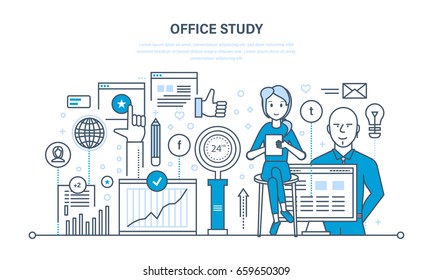 Office study, search research, analysis of information, marketing and communications, studying of data, statistics, analytics. Illustration thin line design of vector doodles, infographics elements.