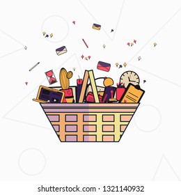 Office stuff in the basket. Theme of business. 