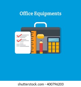 Office Stuff - Briefcase - Checklist - Ruler - Pencil - Calculator - Flat design