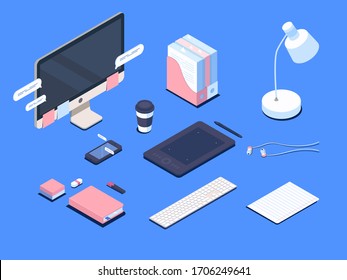 Office stuff collection of isometric objects.Flat vector illustration isolated on blue background. Graphic tablet, phone,computer, headphones, diary, stationery, lamp, coffee, messages.