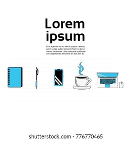Office Stuff Concept Thin Line Laptop Computer, Notebook Smart Phone Coffee Cup Template Workplace Objects Vector Illustration