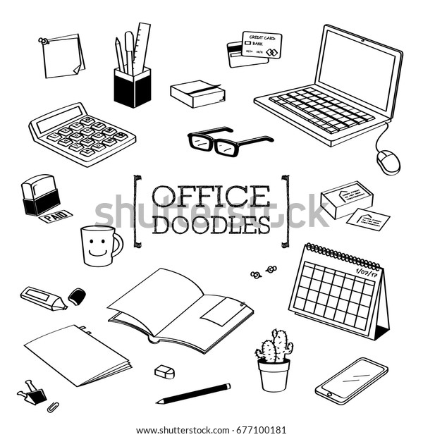 Office Stuff Doodlehand Drawing Styles Office Stock Vector