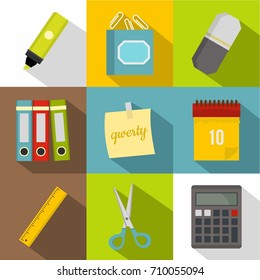 Office stuff icon set. Flat style set of 9 Office stuff vector icons for web design