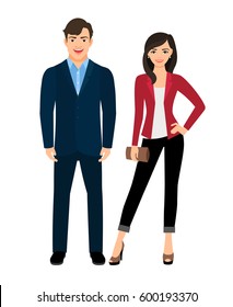 Office style clothed fashion beautiful couple on white background. Vector illustration