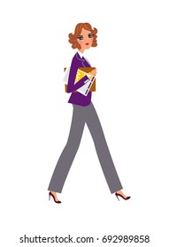 Office style woman walking at work. Vector illustration.