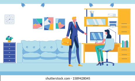 Office Subordination and Job Cooperation between Managers and Employees. Chief Instructing and Ordering to Working at Computer Woman in Business Parlor Room Interior. Flat Vector Illustration.