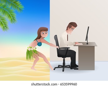 Office or beach? Summer vacation concept.Vector illustration.