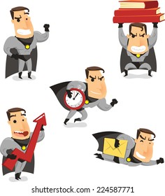 Office Superhero Super Employee, with superhero standing proud, lifting heavy books, harrying up, lifting economy and flying with envelope. Vector illustration cartoon.