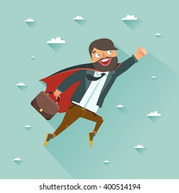 Office superman flying to achieve his goal. Leadership concept. Colorful vector illustration in flat style.