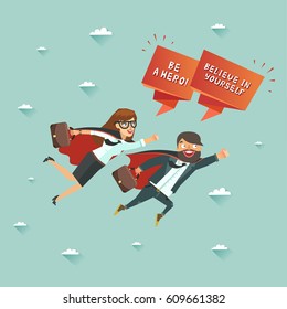 Office superman and superwoman flying to achieve their goal. Leadership and teamwork concept. Colorful vector illustration in flat style 