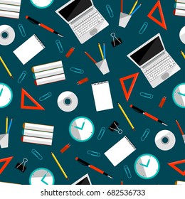 Office supllies colored vector. Stationery tools collection. Clip, laptop, clock, book and note etc