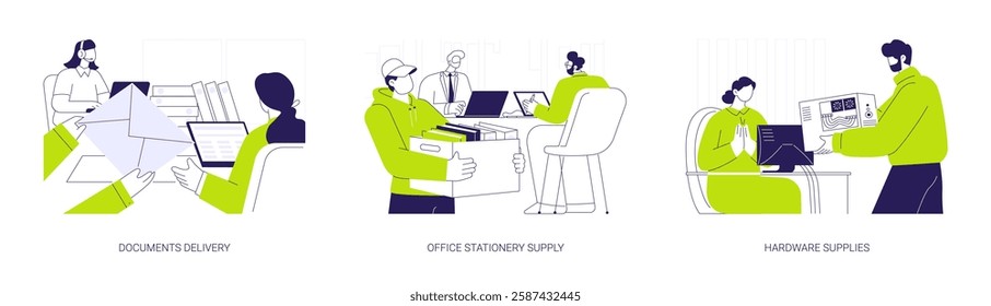 Office supplies abstract concept vector illustration set. Documents courier delivery, office stationery supply, hardware supplies, parcels and envelopes, gadget maintenance service abstract metaphor.