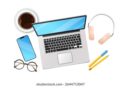 Office Supplies accessories includes laptops, pen and pencils, earphones,cup of coffee,eyeglasses, smartphone includes on white background.