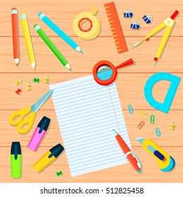 Office supplies background with pencils tape ruler pushpins markers protractor pen scissors compass paperclips magnifier paper vector illustration
