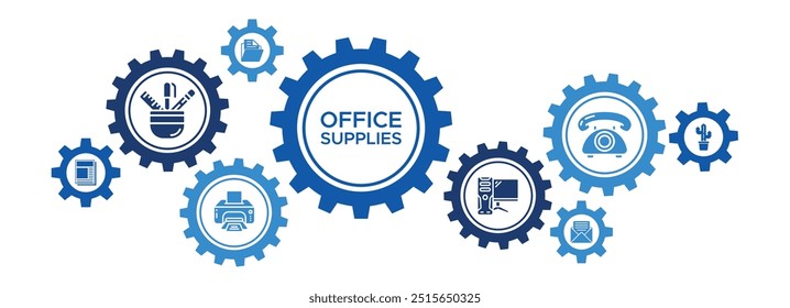 Office Supplies Banner Vector Concept Featuring Icons for Stationery, Printers, Computers, Paperwork, and Organization